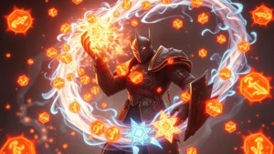 A player character surrounded by glowing item pickups and energy effects, representing the exponential growth and scaling mechanics of the artifact, photorealistic game graphics style