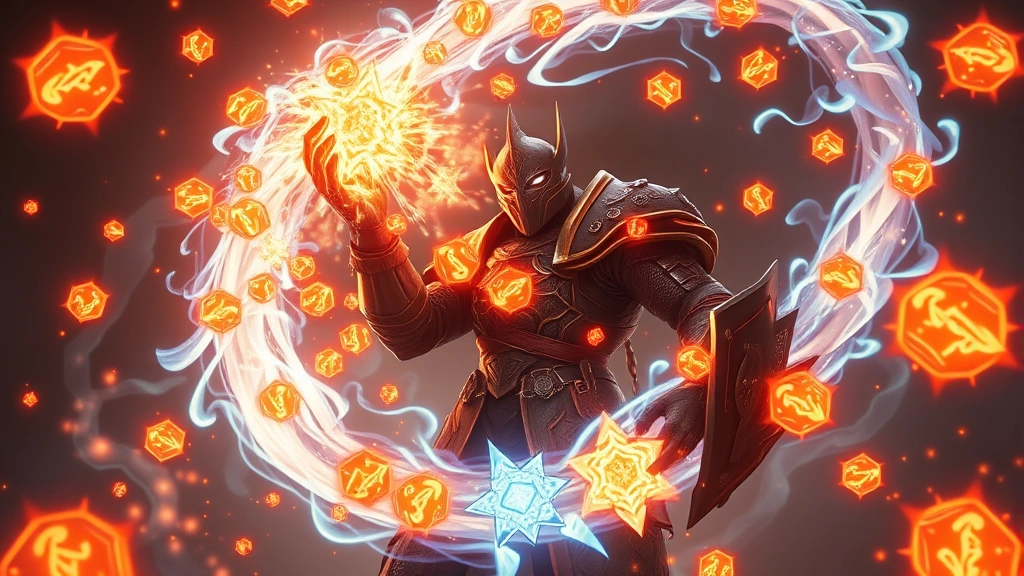 A player character surrounded by glowing item pickups and energy effects, representing the exponential growth and scaling mechanics of the artifact, photorealistic game graphics style