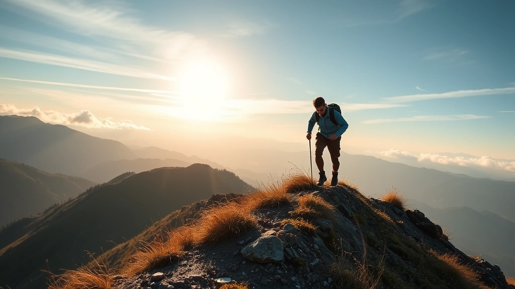 An individual hiking uphill on a mountain trail with determination and focus, surrounded by natural landscape, representing the challenging journey of personal growth and overcoming obstacles with resilience