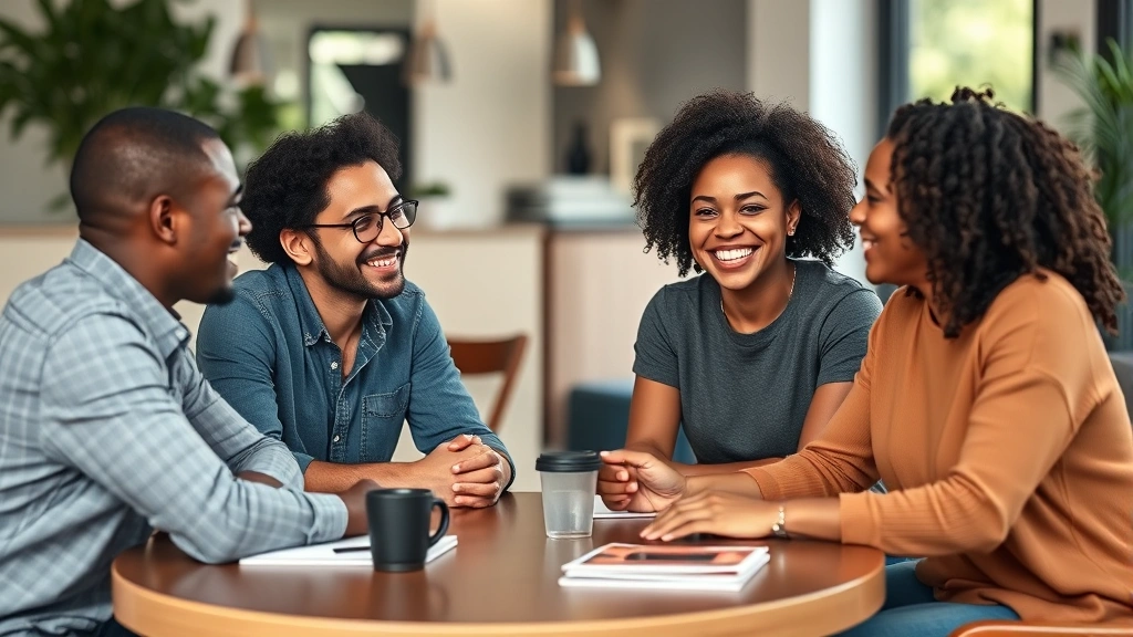 A diverse group of four people engaged in genuine conversation at a coffee table, smiling and leaning toward each other with open body language, illustrating meaningful relationships and community support for mutual growth