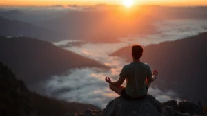 Person at sunrise doing morning meditation on a mountain peak, focused expression, peaceful natural lighting, misty valley below, demonstrating commitment to daily discipline and personal growth routines