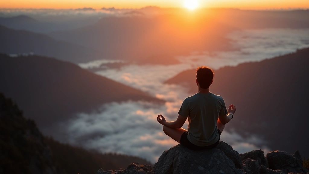 Person at sunrise doing morning meditation on a mountain peak, focused expression, peaceful natural lighting, misty valley below, demonstrating commitment to daily discipline and personal growth routines