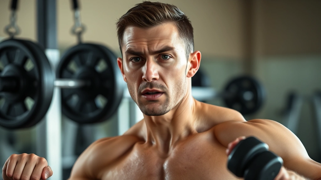 Individual in gym mid-workout with determined expression, sweat visible, weights or exercise equipment in background, natural gym lighting, showing physical discipline and strength training dedication