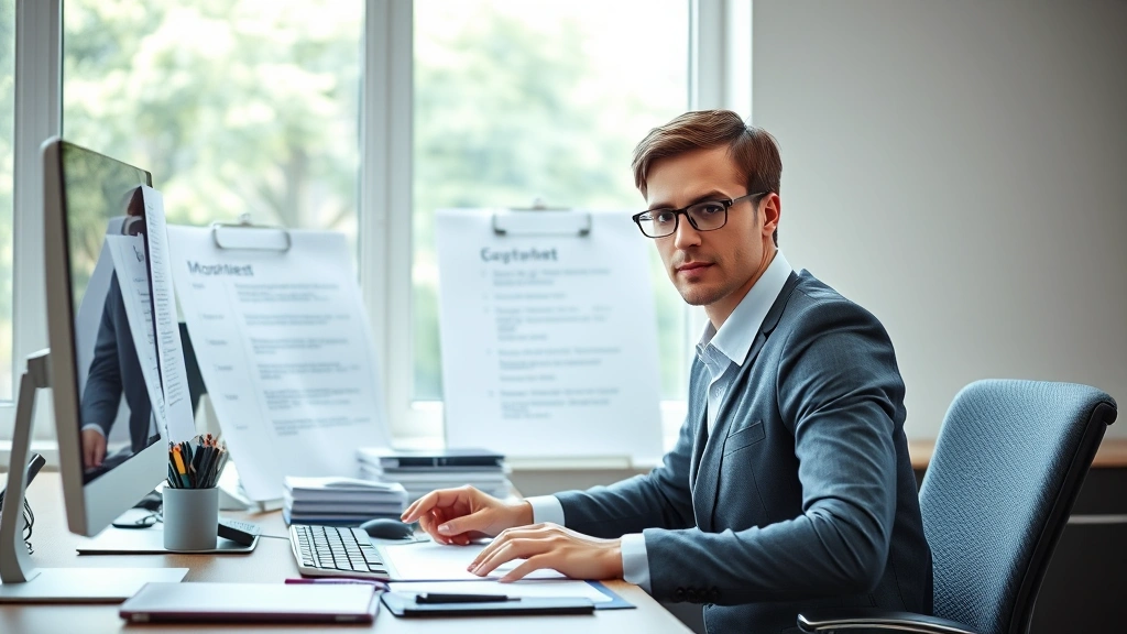 Professional working at desk with organized workspace, multiple completed task lists visible, natural window light, calm focused demeanor, representing productive discipline and goal achievement in work environment