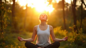 A person in a meditative pose during sunrise in a serene natural setting, eyes closed in peaceful concentration, surrounded by soft golden light filtering through trees, showing mental clarity and inner growth