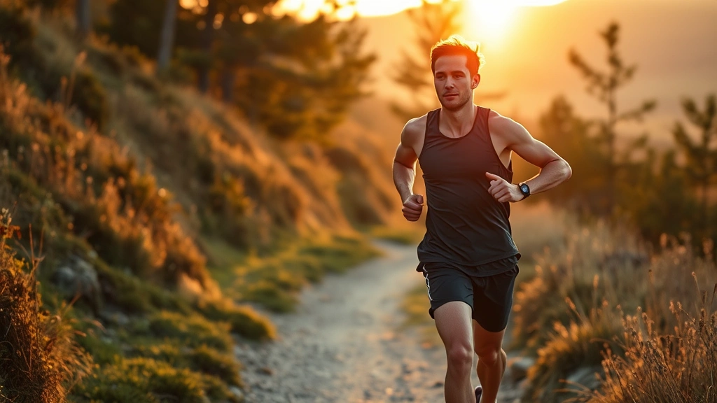 A runner in motion on a scenic trail at golden hour, muscles engaged and face focused, demonstrating the physical exertion that drives neurochemical brain growth and cognitive enhancement