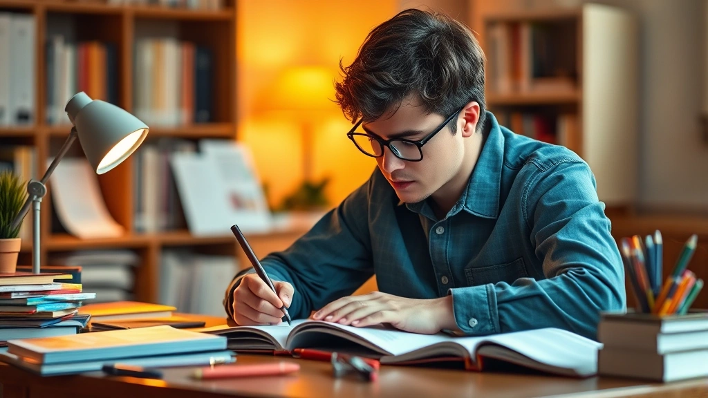 A person studying intently at a desk with warm lighting, surrounded by learning materials, showing deep concentration and mental challenge that stimulates neural pathway development and neuroplasticity
