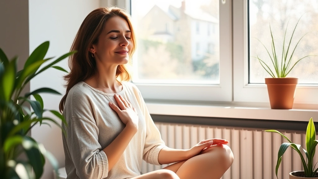 Woman sitting peacefully in morning sunlight by a window, hand on heart, serene expression, natural indoor setting with plants, embodying self-compassion and inner peace