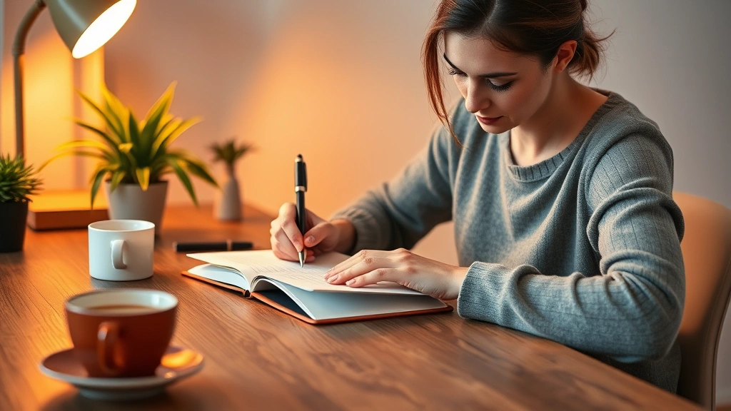 Person writing in journal at wooden desk with warm lighting, focused expression, surrounded by plants and coffee cup, demonstrating self-reflection and personal growth practice