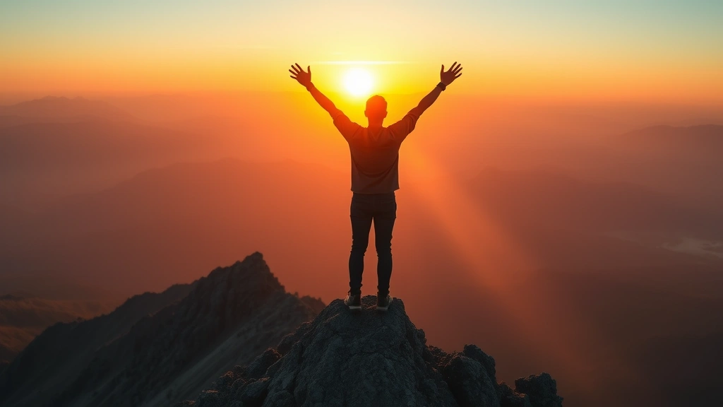 Individual standing on mountain summit at sunrise with arms raised, looking at expansive landscape, embodying achievement, confidence and personal triumph after growth journey