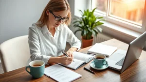 Professional woman writing in a notebook at a wooden desk with a cup of coffee and plant, natural window lighting, focused determined expression, morning planning session atmosphere