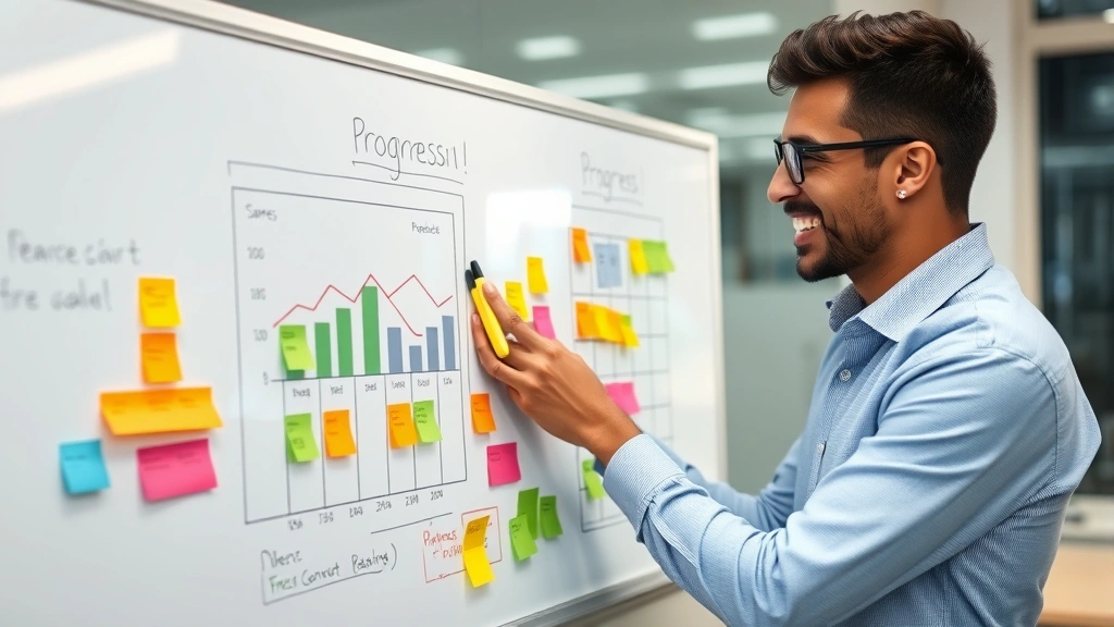 Person reviewing a progress chart on a whiteboard with colorful markers and sticky notes, smiling with satisfaction, collaborative workspace environment showing achievement tracking