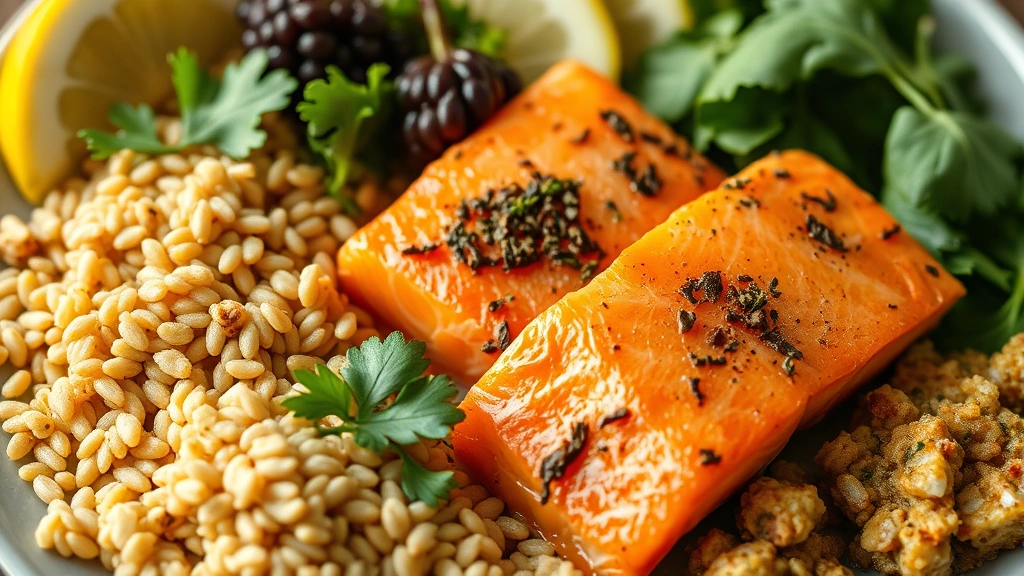 Close-up of healthy nutritious meal with salmon, leafy greens, whole grains, and calcium-rich foods arranged on plate, natural lighting, fresh vibrant ingredients, no text or labels visible