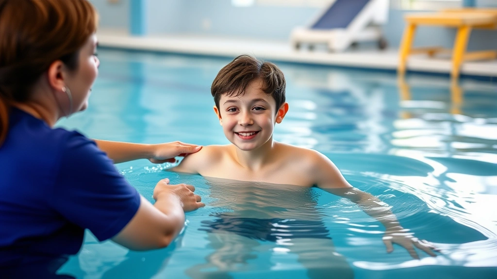 Adolescent doing water-based physical therapy in pool with therapist supervision, buoyant movement exercises, confident expression showing progress, therapeutic facility setting with clear water