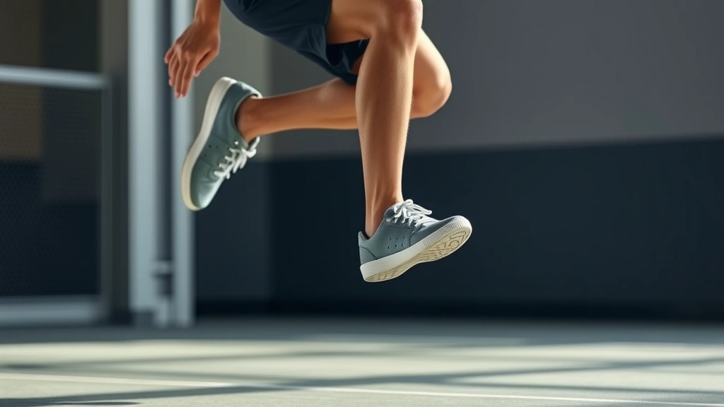 Young athlete in motion performing a jumping exercise, showing dynamic ankle movement and athletic engagement, captured mid-action with natural lighting and focused intensity on lower leg muscles and ankle stability during sports performance.