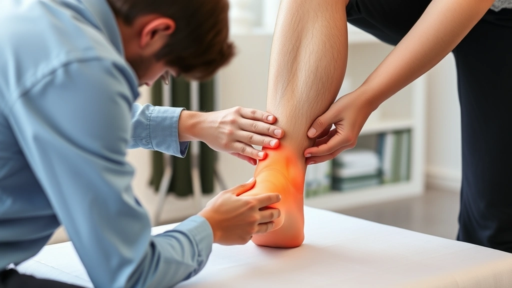 Physical therapist performing ankle assessment on a young patient, hands-on examination showing proper diagnostic technique, natural clinical setting with focus on ankle joint evaluation, demonstrating professional medical care and rehabilitation assessment.