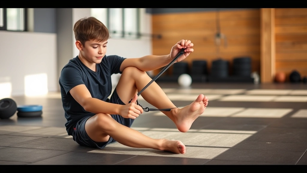 Teenage athlete sitting on floor performing ankle stretching and strengthening exercises with resistance band, showing proper form for preventative conditioning, natural gym or training facility environment with emphasis on flexibility work and muscle engagement.