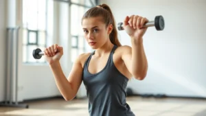 Athletic teenage girl performing a controlled strength training exercise with proper form, focused determined expression, bright gymnasium setting with natural light, dynamic motion captured mid-movement, confidence and health radiating through body language