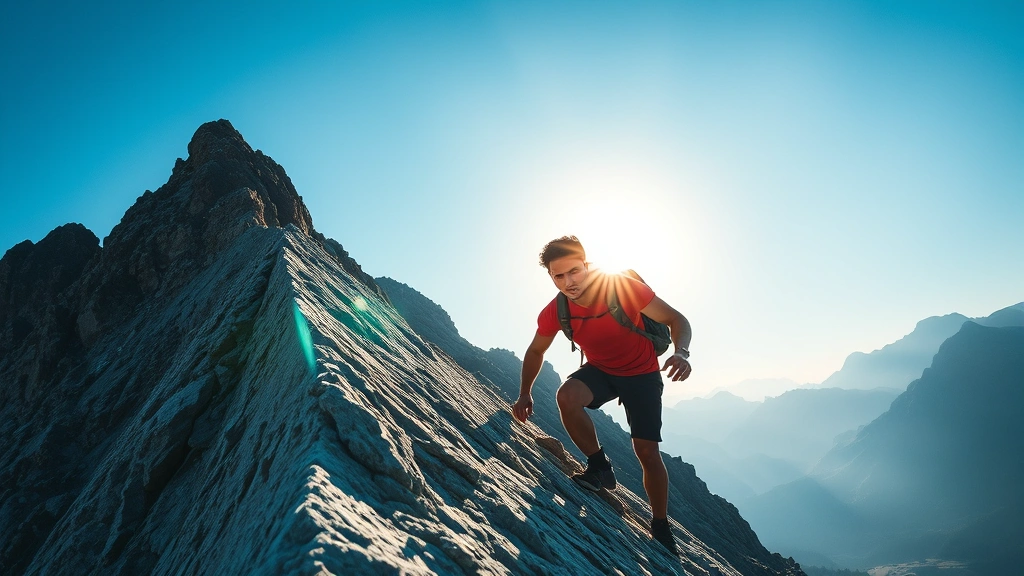 Person climbing a steep mountain with determination and focus, bright sunlight illuminating the path ahead, muscles engaged and face determined, realistic photography style, inspirational atmosphere