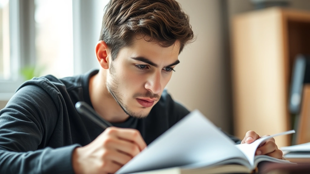 Adult student intently studying with complete concentration, natural light from window, notebook and learning materials visible but blurred, expression showing engaged focus and determination