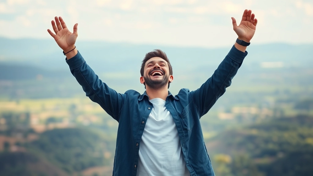 Individual celebrating a personal achievement with arms raised in triumph, outdoor setting with expansive landscape background, genuine joy and confidence radiating, realistic human emotion captured
