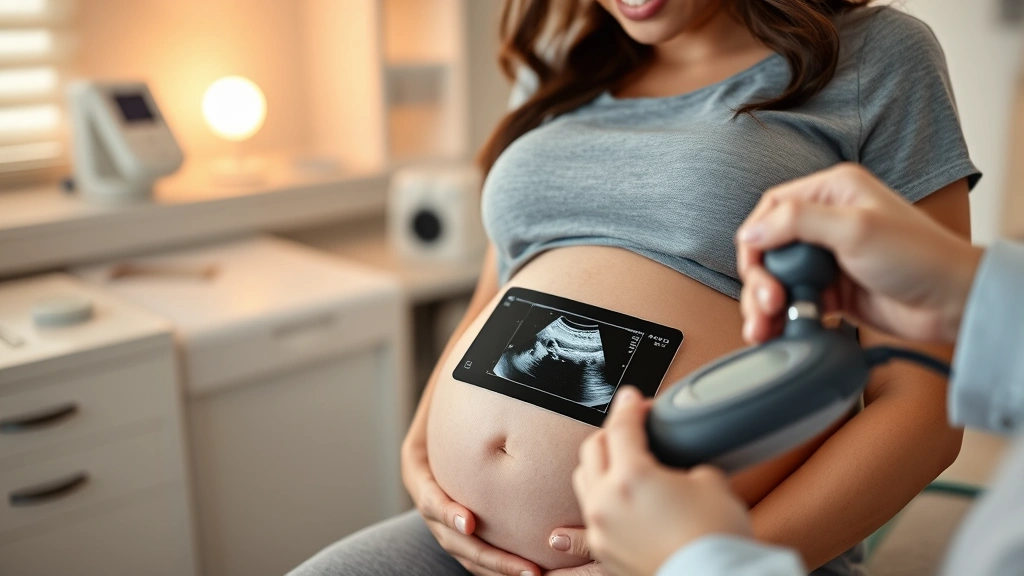 Pregnant woman in medical office receiving gentle ultrasound scan on belly, smiling with peaceful expression, warm lighting, professional healthcare environment, close-up of hands and transducer