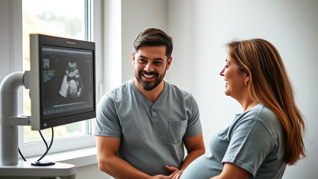 Healthcare provider showing ultrasound monitor screen to expectant parents, both looking at screen with wonder and joy, natural window lighting, emotional connection moment, diverse family
