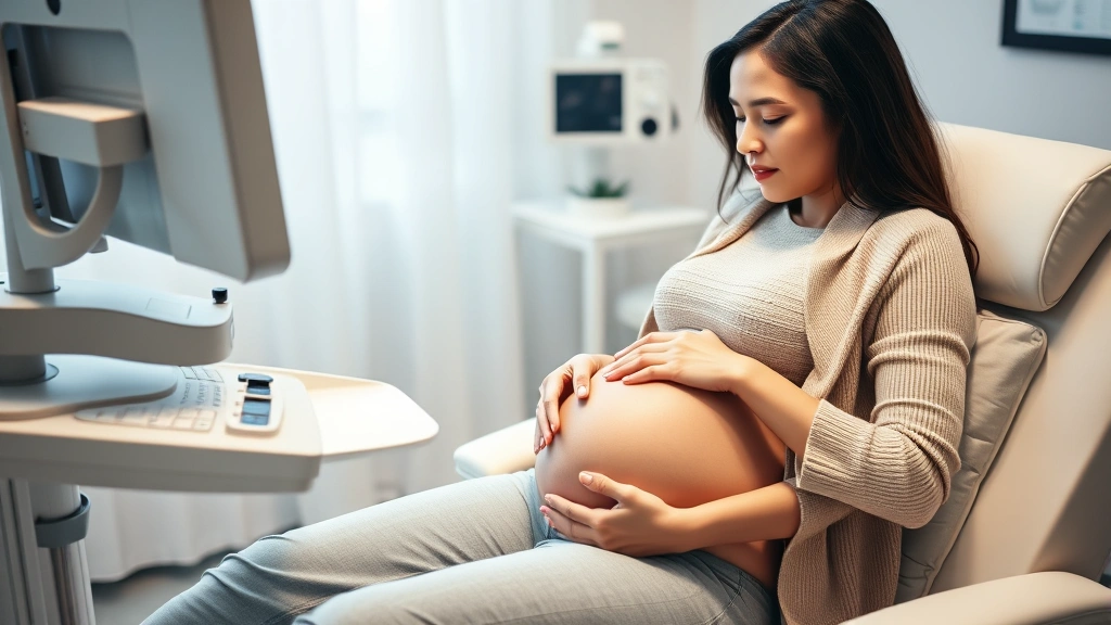 Pregnant woman in comfortable position during ultrasound appointment, healthcare professional adjusting equipment, modern clinic setting, moment of anticipation and care, soft professional atmosphere