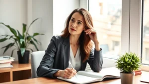 Professional woman sitting at desk with notebook, looking thoughtful and determined, morning sunlight through window, peaceful workspace with plant, contemplative expression showing self-reflection and personal development journey beginning