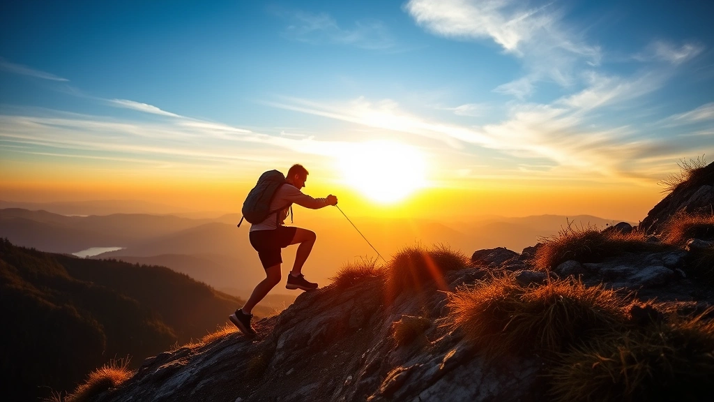 Person climbing mountain trail during sunrise, pushing upward with determination, scenic landscape background, symbolic of overcoming obstacles and achieving goals, dynamic motion showing effort and progress in personal growth