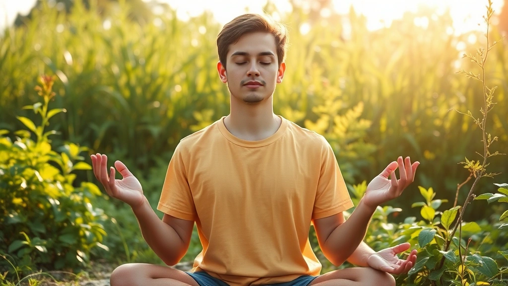 Individual meditating peacefully in nature surrounded by greenery, calm expression, hands in meditation pose, morning light, representing mindfulness, inner peace, and mental clarity achieved through consistent personal development practices