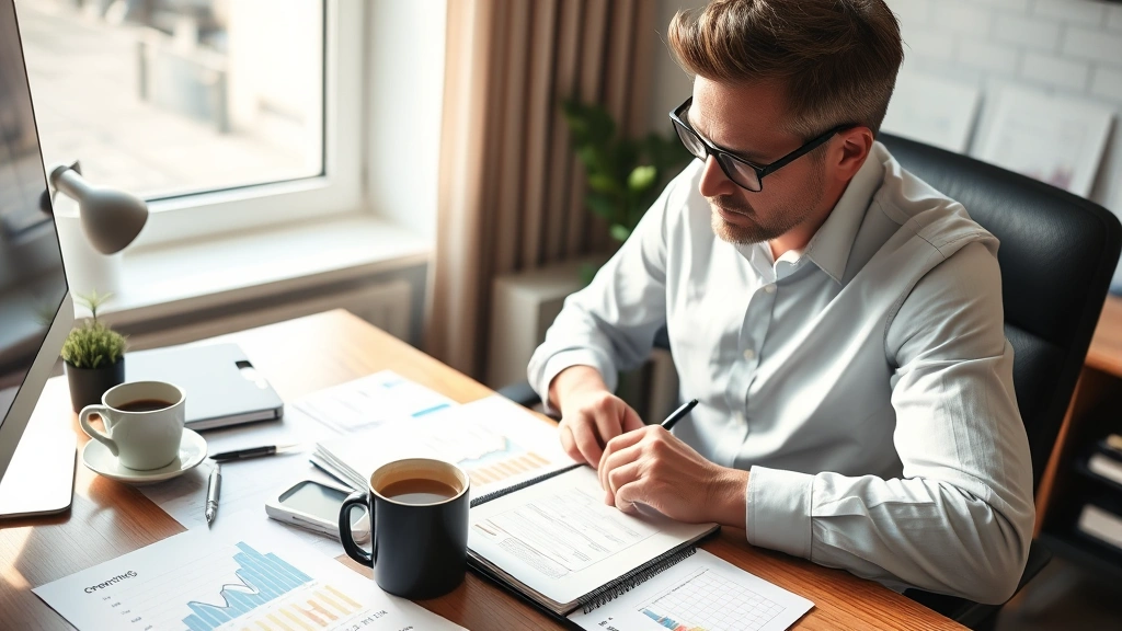 A professional person sitting at a desk reviewing handwritten notes and charts, surrounded by coffee cup and growth metrics, morning light streaming through window, contemplative and focused expression, notebook showing progress tracking