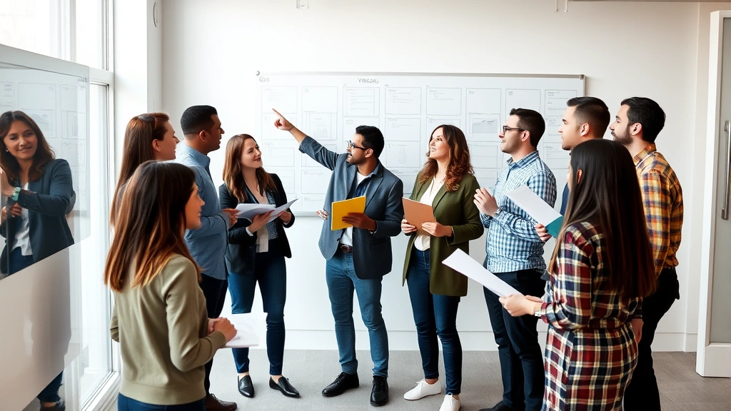 A diverse group of people in a modern office setting engaged in collaborative discussion, holding documents and pointing at wall-mounted vision board, energetic and motivated atmosphere, natural lighting emphasizing teamwork