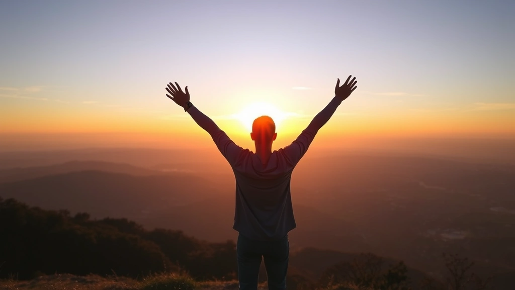 An individual at sunrise overlooking a landscape from a hilltop, arms raised in achievement and celebration, looking forward with determination and confidence, representing milestone accomplishment and future vision