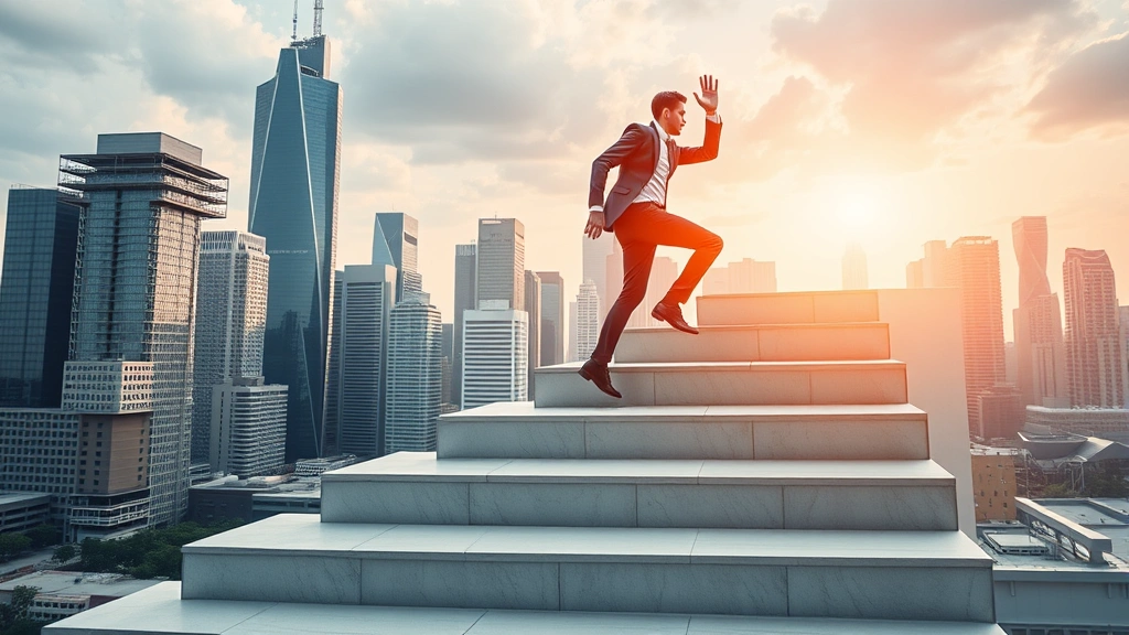 Young professional climbing upward on geometric steps with cityscape background, determination visible, upward trajectory motion, modern minimalist aesthetic, success visualization metaphor