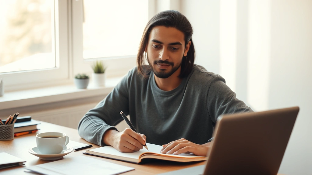 Person sitting at desk with notebook and coffee, writing goals with determination, morning sunlight through window, confident expression, modern minimalist workspace, natural lighting, focused and purposeful atmosphere