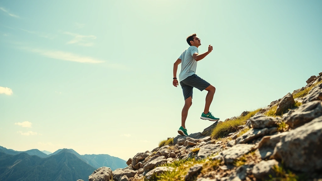Young professional climbing mountain path with clear sky, representing growth journey, wearing casual athletic clothes, looking upward with determination, scenic outdoor setting, symbolic progress visualization, inspiring landscape