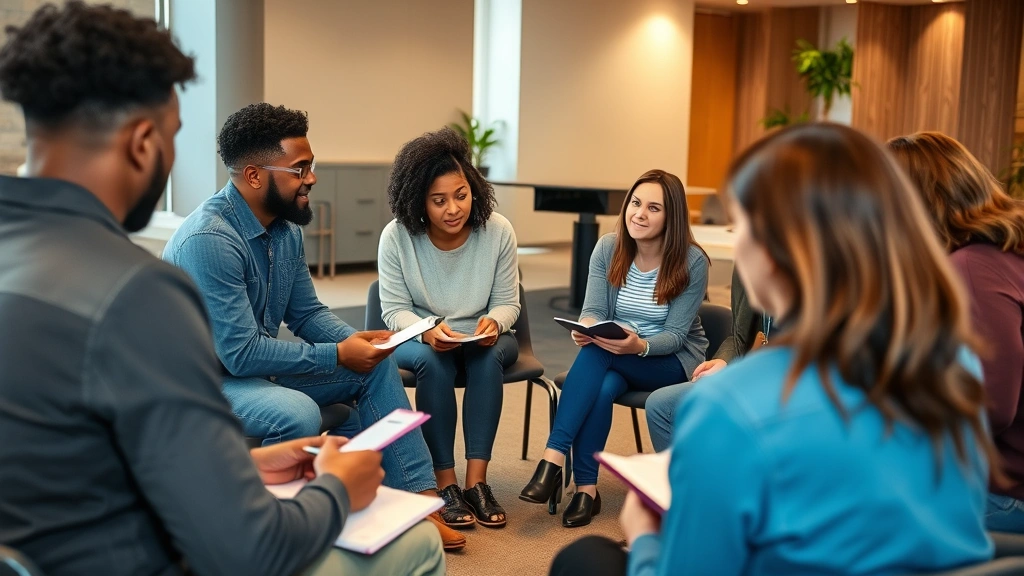 Group of diverse people in circle having discussion, collaborative learning environment, taking notes and engaged conversation, indoor modern space, representing community support and accountability partnerships