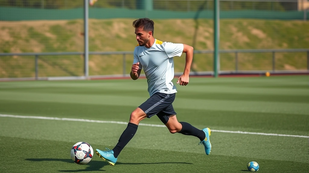 Soccer athlete mid-sprint during high-intensity interval training session on outdoor pitch, dynamic motion, determination evident, professional athletic setting