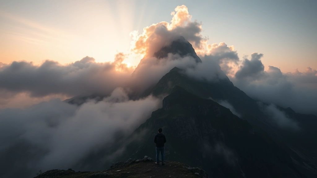 A person standing at the base of a misty mountain at dawn, looking upward with determination and hope, golden sunlight breaking through clouds above the peak, inspiring sense of possibility