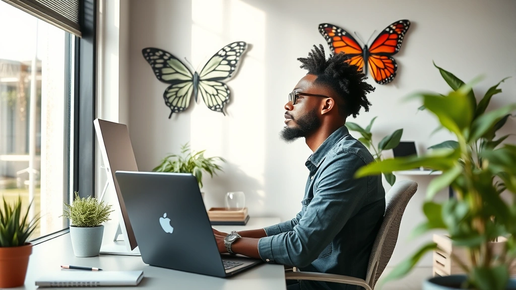 Diverse individual in modern workspace with butterfly symbolism visible on wall art, peacefully focused at desk with plant growth nearby, natural light streaming through window, representing transformation