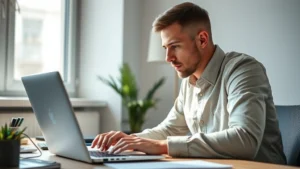 Professional adult focused intently on laptop screen during concentrated work session, natural lighting from window, modern minimalist desk workspace, expression of determination and engagement