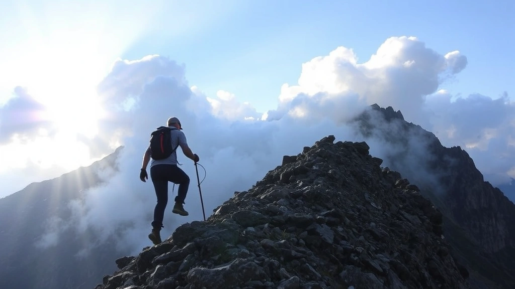 A person climbing a steep mountain path with determination, sunlight breaking through clouds ahead, showing perseverance and upward progress through challenging terrain