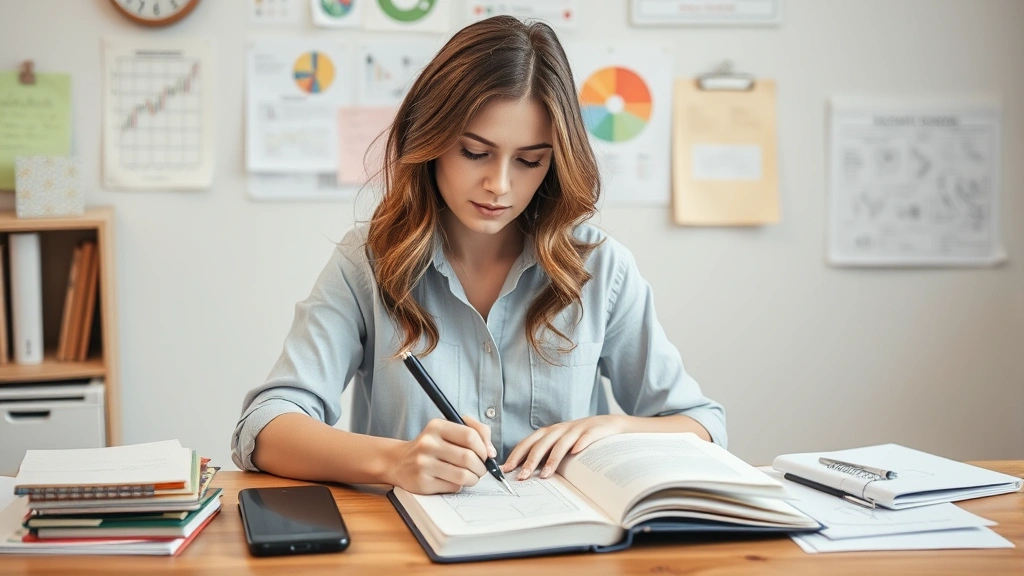A woman at a desk with multiple learning materials, notebook with sketches, taking notes with focused concentration and genuine curiosity on her face
