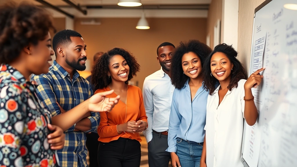 A diverse group of people in a collaborative workspace, smiling while engaged in discussion, pointing at whiteboard with ideas, showing supportive community and shared growth