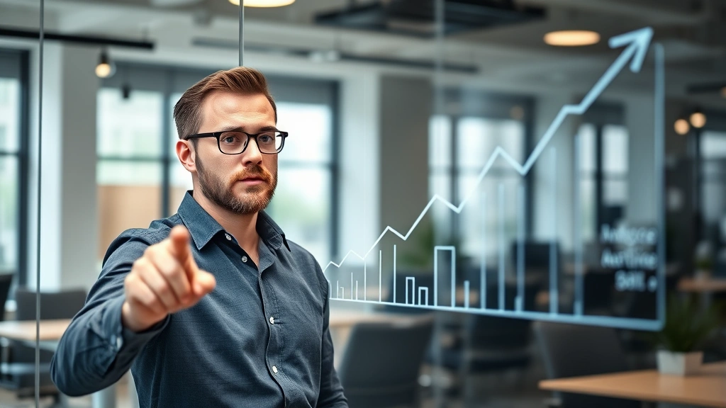Man reviewing progress charts and goals written on glass board, pointing at upward trending line, professional casual attire, concentrated expression, modern office setting with natural light