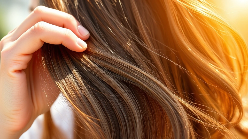Person examining healthy, shiny, voluminous hair in natural sunlight, showing hair texture and vitality, close-up of hair strands demonstrating growth and quality