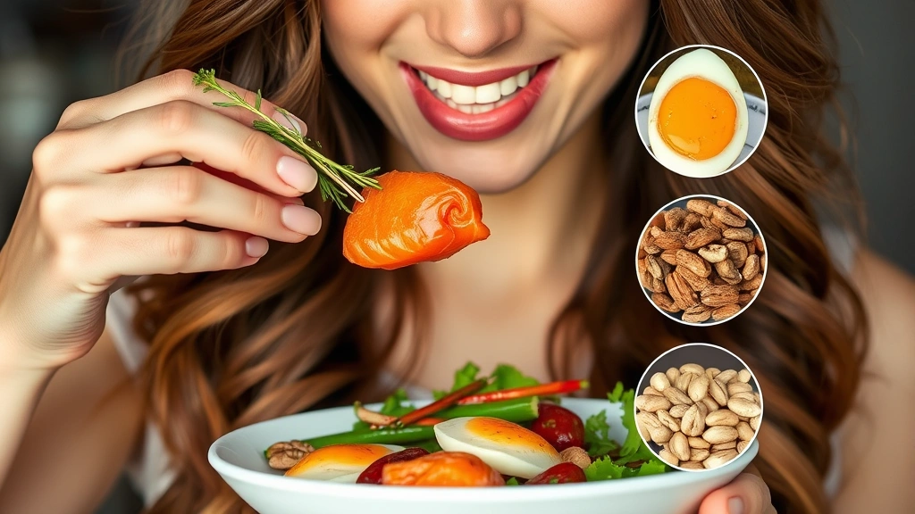Woman eating a nutritious meal with protein-rich foods, salmon, eggs, vegetables, and nuts displayed, representing nutrition for hair growth and health