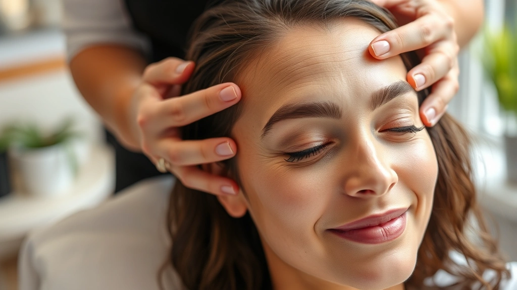 Woman with glowing, healthy scalp receiving gentle massage during hair care routine, professional salon setting, close-up of fingers massaging temples, natural lighting, peaceful expression