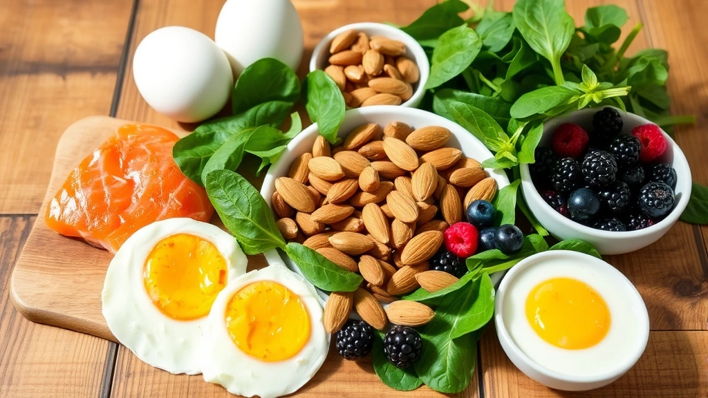 Vibrant assortment of nutritious foods for hair health including salmon, eggs, spinach, almonds, and berries arranged on wooden table, natural daylight, fresh and appetizing presentation